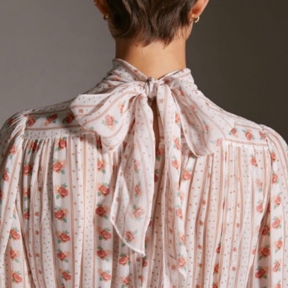 Anthropologie Let Me Be Pink Floral Combo Tie Mockneck Sheer Minidress with Slip - Picture 8 of 8